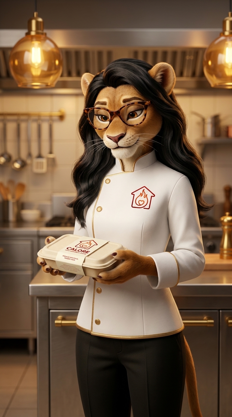 Ilustração de marmita Calore individual em cozinha profissional, representando alimentação ultracongelada individualizada como solução escalável